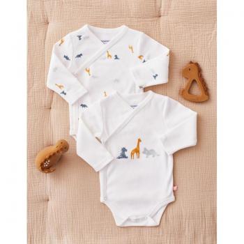 Ensemble de 2 bodys en coton biologique croisés, avec des motifs de dinosaures Stegi, Tiga et Ops,