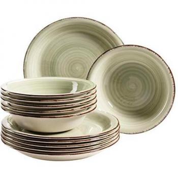 Mäser 931491 Lumaca Teller-Set für 6 Personen im modernen Vintage Look, 12-teiliges Tafelservice, handbemalt, Grün, Steingut