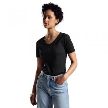 STREET ONE Damen Kurzarmshirt V-Ausschnitt Rippoptik