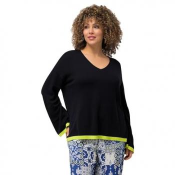Oversized Pullover für Damen, blau, V-Ausschnitt, farbige Bündchen, Größe 50/52