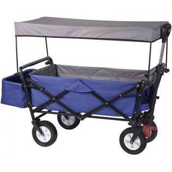 Chariot de jardin bleu avec 4 roues, frein et auvent