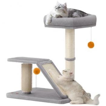 Rascador Multifuncional para Gatos, Árbol con Cama y Rampa Giratoria, Gris Claro