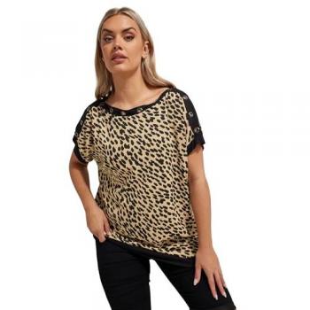Leopard Print Eyelet Detail T-Shirt – Brown, 30/32