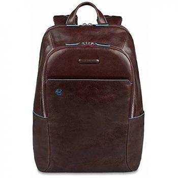 Piquadro Blue Square Dark Brown Leather Backpack with Padded Compartment for Laptop