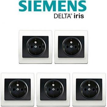 Lot de 5 Prises 2P+T Anthracite Delta Iris + Plaque de base Blanc