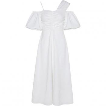 YIGELILA Autumn Collection White Midi Dress Short Sleeves Lantern Sleeves 65375