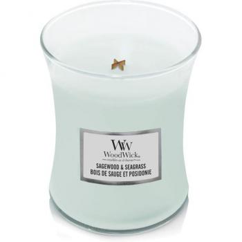 Bougie aromatique Woodwick Sagewood & Seagrass 275 g, mèche boisée