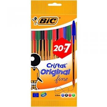 BIC Cristal Original Stylos-Bille Pointe Fine 0,8 mm Couleurs Assorties Pochette de 27