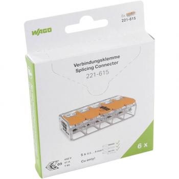 WAGO 221-615 Terminal Block, 5 Poles, 0.5-6 mm², Transparent Orange (6 Pack)