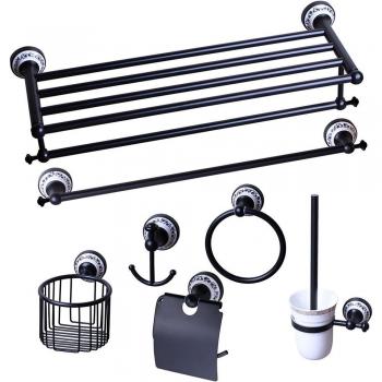 YANKSMART Black Ceramic Bath Shelf with Brass Accents and Towel Rack