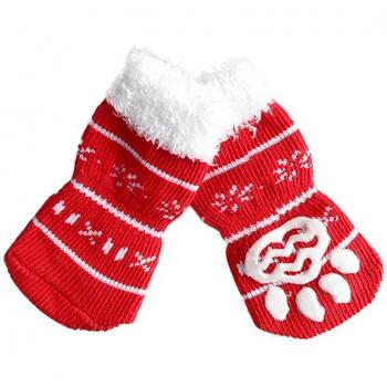Tobilleras para perros de compañía, algodón antideslizante, copos de nieve rojo