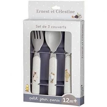 Lot de 3 couverts Ernest et Célestine avec couteau à bout rond et fourchettes courtes