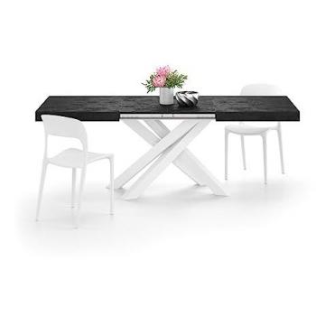 Mesa Emma extensible 140(220)x90 cm, color cemento negro, patas cruzadas blancas