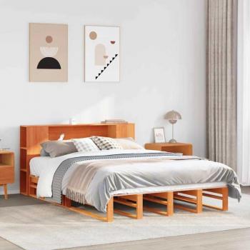 Lit Bibliothèque Bois Brut 150x200 cm – Sans Matelas, Fini en Cire Marron