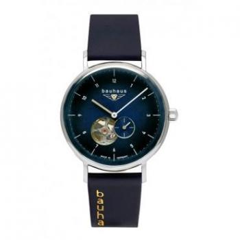 Bauhaus Automatic Open Heart Men's Watch with Brown Leather Strap and Blue Dial