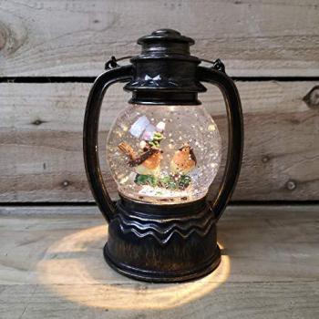 27cm Antique Effect Dual Power Christmas Water Spinner Lantern with Robins Scene