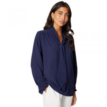 Navy Women's Tie Neck Shirred Cuff Blouse