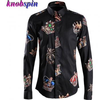Crown Print Pure Cotton Long Sleeve Slim Fit Men's Shirt