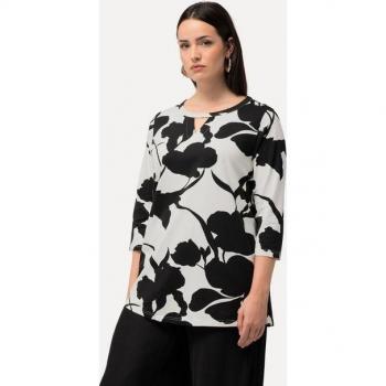 Ulla Popken Damen Blüten‑Keyhole Shirt – Rundhals, 3/4‑Arm – Beige – XL
