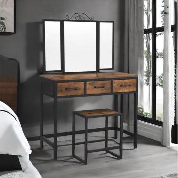 Rustic Brown Vanity Set with Mirror and Stool