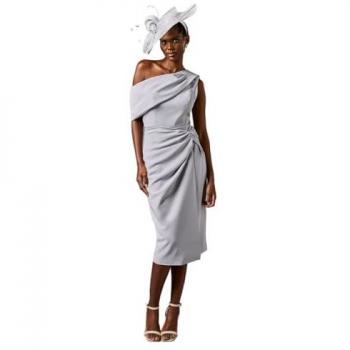Grey Blue One-Shoulder Twist Pencil Dress – Coastal Collection, Size 10
