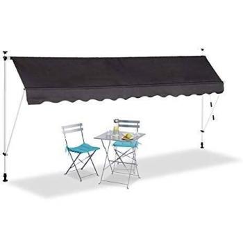 Store Balcon Manivelle Relaxdays, Gris, Hauteur Réglable, Résistant UV, Polyester, Acier, Embouts, 400 x 120 cm