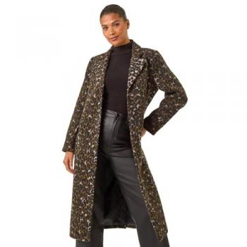 Manteau Brun à Motif Animal Roman