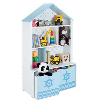 Estante Infantil para Juguetes con Timón, 5 Estantes, 2 Cajas con Ruedas, 128x75x34cm, Blanco/Azul