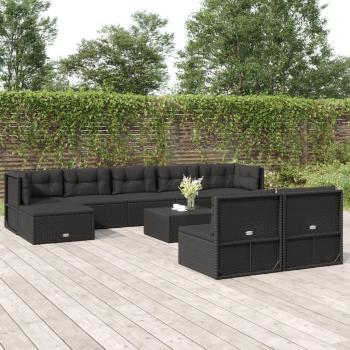 9 Piece Black Poly Rattan Garden Lounge Set with Cushions