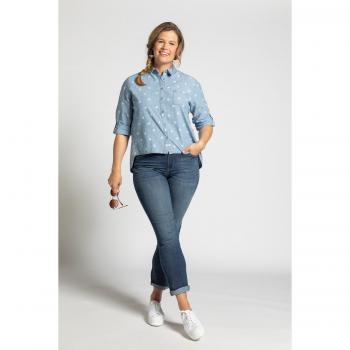 Plus Size Blue Leaf Print Denim Shirt, Roll-Tab Sleeves, Women, Size 24/26, Cotton