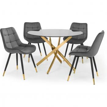 Montero Round Glass Top Dining Table with 4 Clear Hadid Chairs Grey/Gold