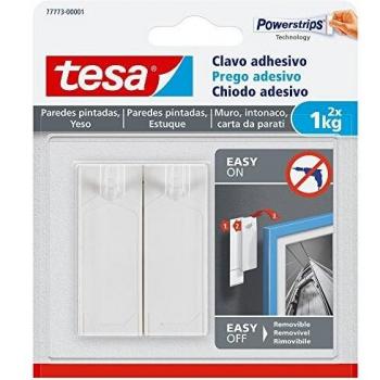 Tesa Powerstrips, Gancho Adhesivo Reutilizable para Cuadros y Decoraciones, Fijación de 1.0 kg, 2 Unidades, Blanco