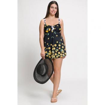 Plus Size Lemon Print Skirted Swimsuit, Black, Size 26