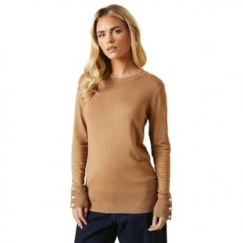 Camel Petite Button-Cuff Crew Sweater
