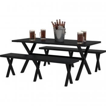 Outsunny Bierzeltgarnitur 3-tlg. Tisch mit 2 Bänken und Schirmloch Holzoptik 180x80x73cm Schwarz für Terrasse und Balkon