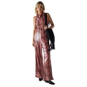 Drop-Waist Orange Snake Sequin Jumpsuit with Cowl Neck
