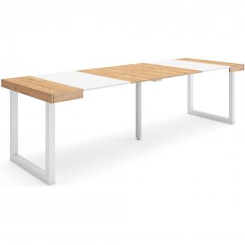 Table console extensible 260 cm, 12 places, pieds bois massif chêne/blanc – SKU RF2981