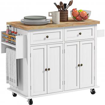 Kitchen Island Rollaway Cart – White, Rubberized Wood Top and Storage Drawers