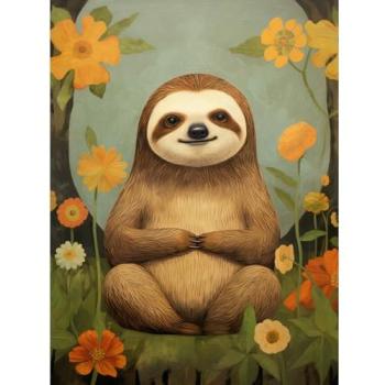 Peaceful Sloth Among Flowers – 18 x 24 Yellow Accent Artwork