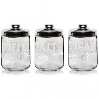 Set 3 Barattoli in Vetro con Tappo in Alluminio 800 cc Decoro Easy White per Sale, Zucchero e Caffè