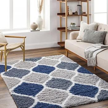 Hochflor-Teppich SURYA SARAJEVO Teppiche Gr. B: 160 cm 1 St., 52 mm, L: 220 cm, blau (navy) Flauschig, Langflor, Weich, Boho Wohnzimmerteppich, Blau