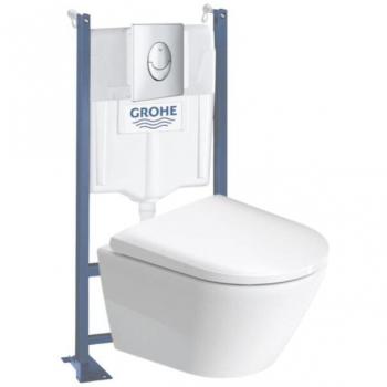 Duravit D‑Neo WC suspendu sans bride – support GROHE Rapid SL, abattant & plaque chromé rose