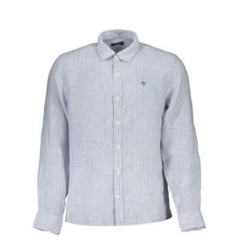 North Sails Blue Linen Striped Shirt with Embroidered Detail