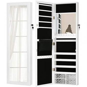 LUXFURNI White Wall-Mount/Door-Hanging Mirror Cabinet with LED Lighting, Lockable Jewelry Armoire and Spacious Drawers (Large)