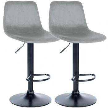 Tabourets de bar Divo en velours gris, lot de 2 avec base en métal noir