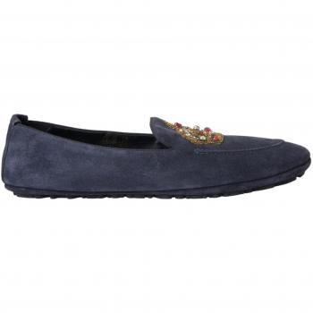 Dolce & Gabbana Blue Leather Suede Crystal Crown Loafers