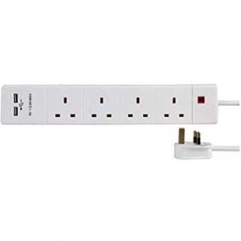 Pro Elec 4 Outlet Surge Protection Power Hub with USB, 2m, White