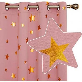 Deconovo Thermovorhang Ösen Blickdicht Gardine Sterne Schlafzimmer, 290x140 cm, Korallenrose, 2er Set