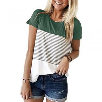 Yidarton Damen Kurzarm T-Shirt mit Streifen und Patchwork-Design