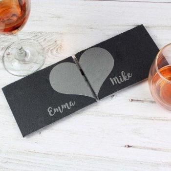 Hand-Lettered Two Hearts Slate Coaster Set